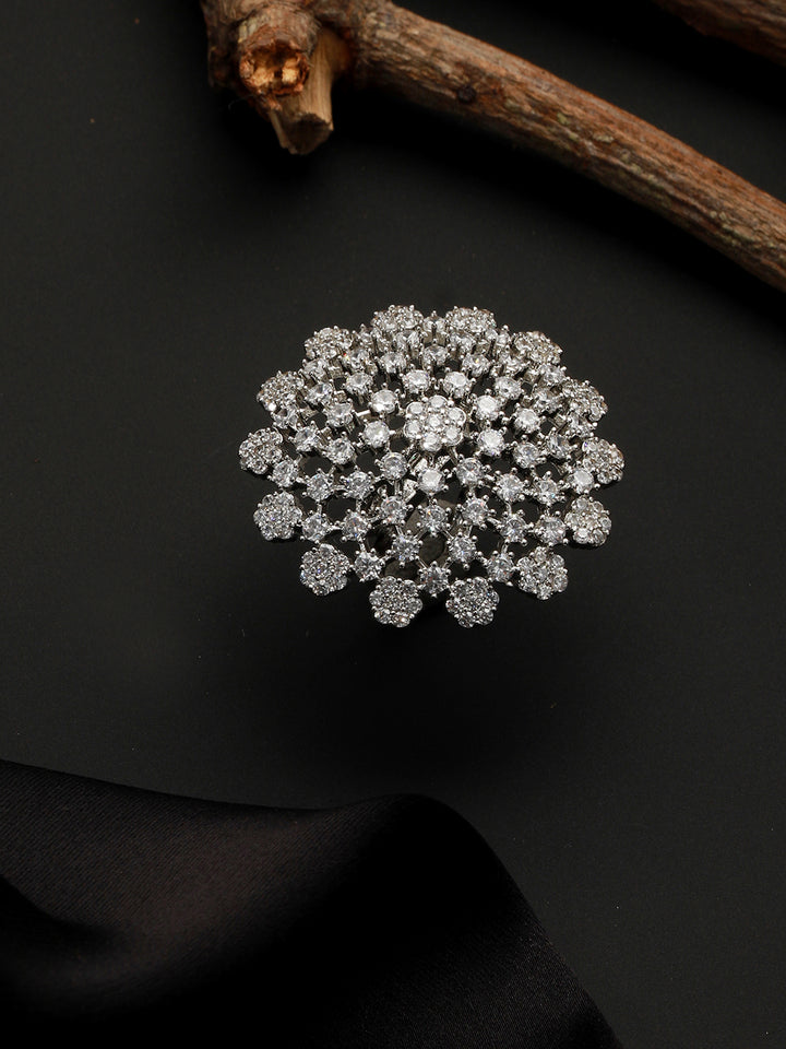 Floral American Diamond Silver-Plated Cocktail Ring