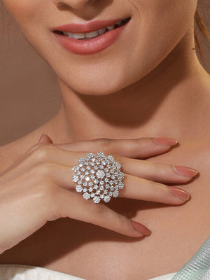 Floral American Diamond Silver-Plated Cocktail Ring
