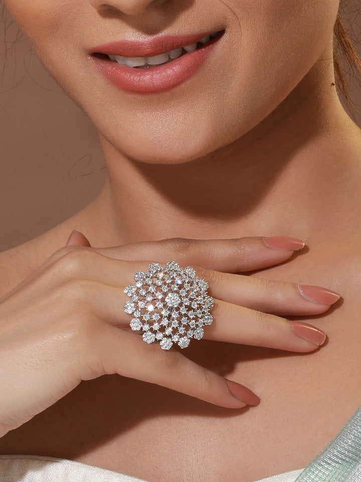 Floral American Diamond Silver-Plated Cocktail Ring