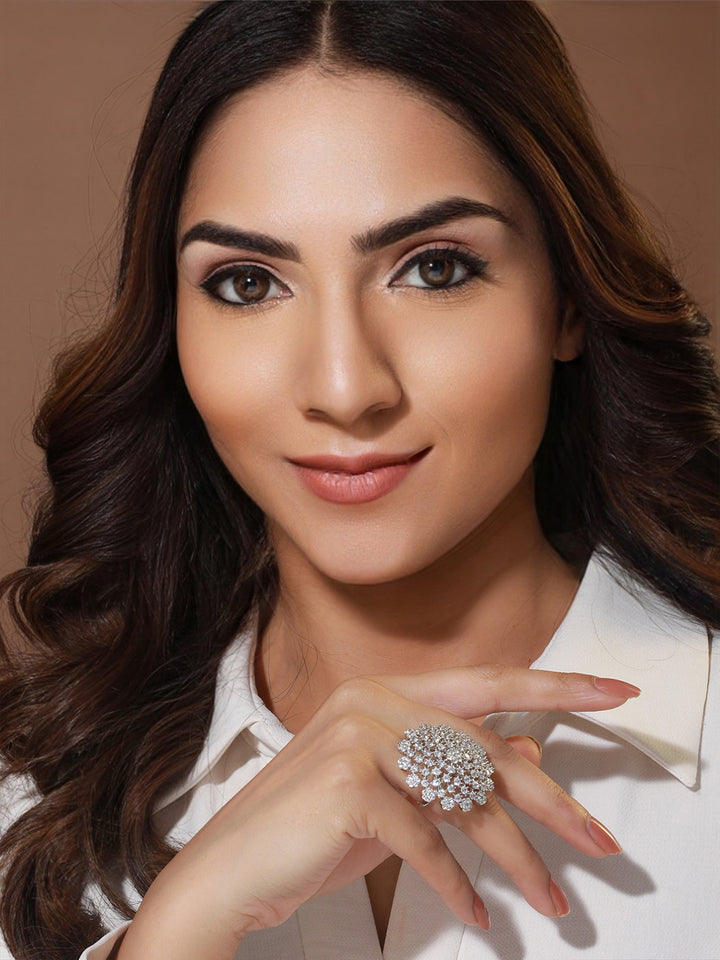 Floral American Diamond Silver-Plated Cocktail Ring