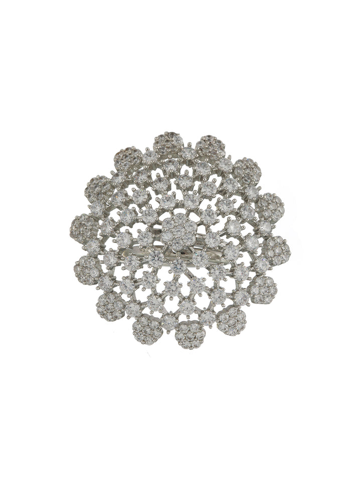 Floral American Diamond Silver-Plated Cocktail Ring