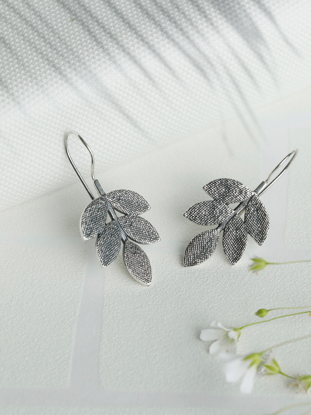 Silver leaf dangle earrings with oxidized silver hooks retailer on the top