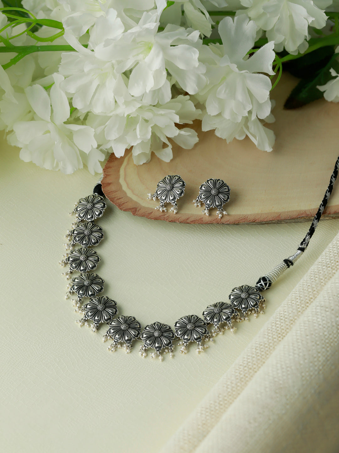 Oxidised Silver Blooming Flower Pearl Jewellery Set Priyaasi
