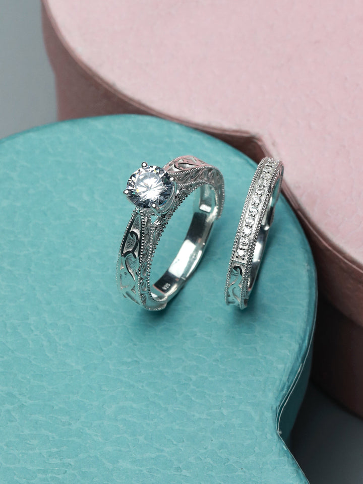 Engraved Elegance-Sterling Silver Solitaire Stack Rings