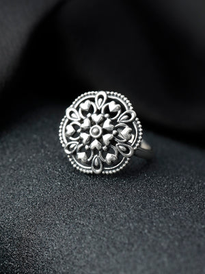 Oxidised Silver Floral Hearts Boho Ring