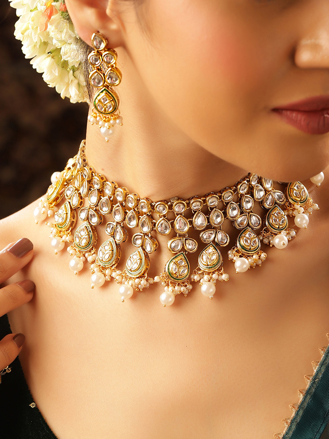 Kundan Drop Style Pearl Gold Plated Chocker Necklace Drop Earrings Jewellery Set