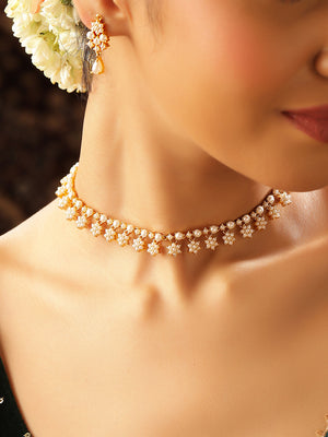 Floral Style Pearl Studded Necklace and Drop Earrings Jewellery Set