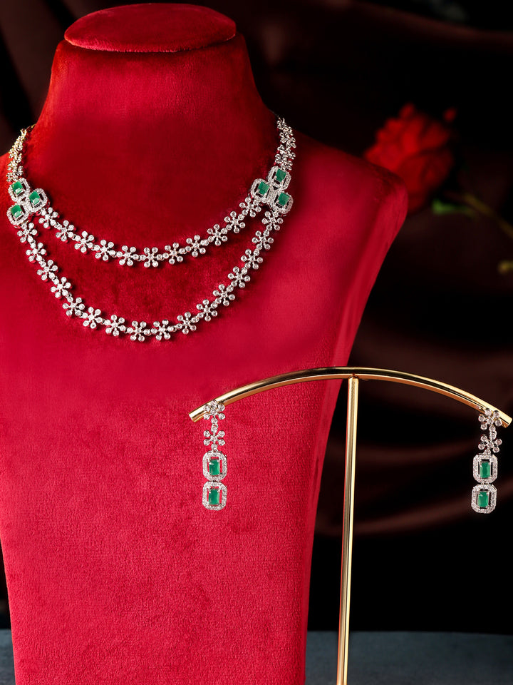 Floral Emerald Elegance Layered Style Silver Plated Necklace Drop Earrings Jewellery Set
