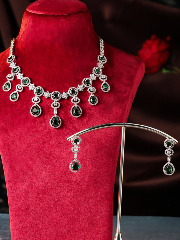 Emerald Stoned American Diamond Silver Plated Elegant necklace Drop Earrings Jewellery Set