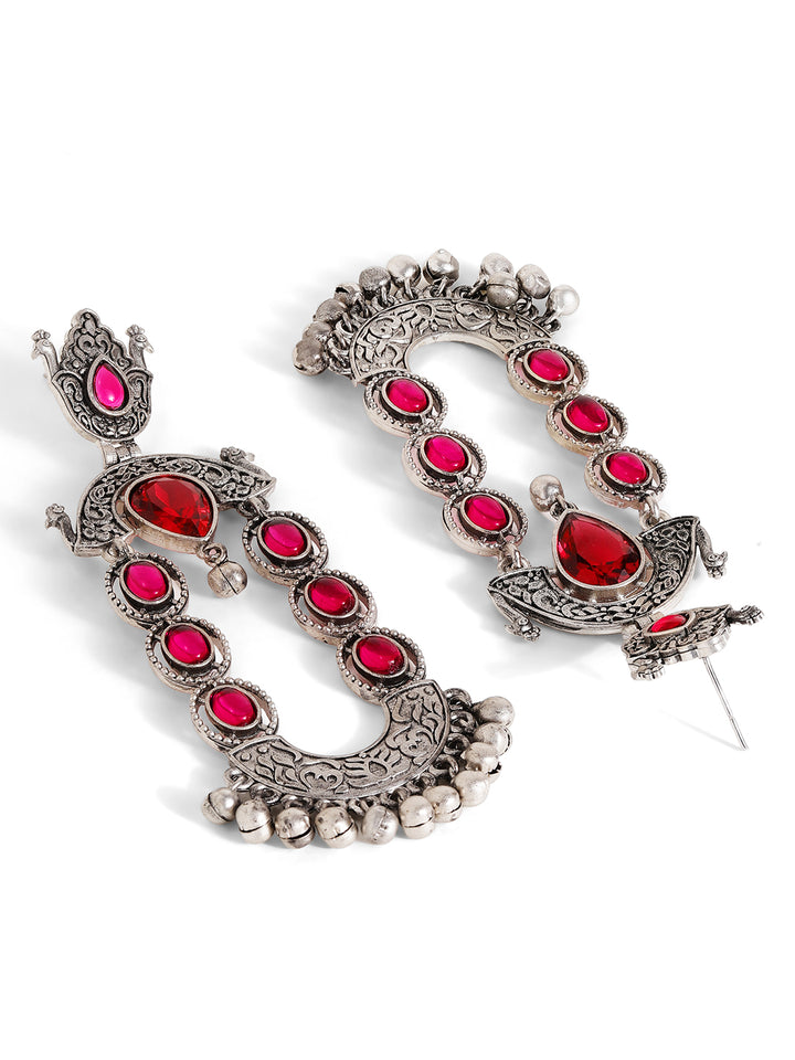 Red Stoned Oxidized Pattern Silver Plated Drop Earrings