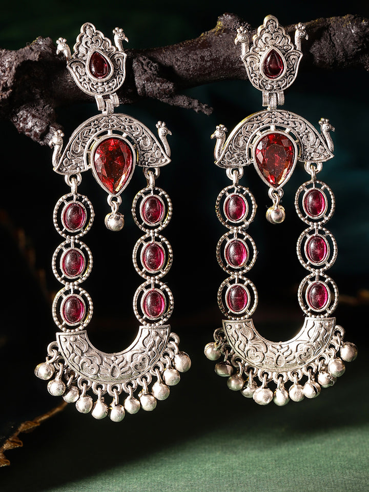 Red Stoned Oxidized Pattern Silver Plated Drop Earrings