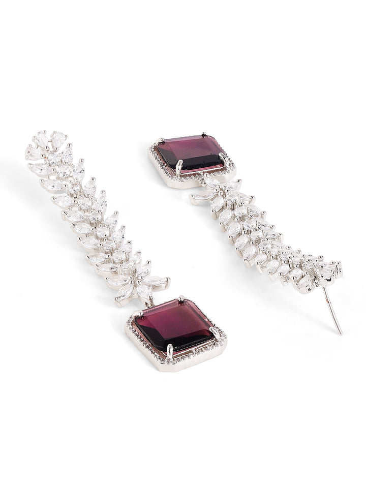 Wine Colored American Diamond Floral Silver Plated Drop Earrings