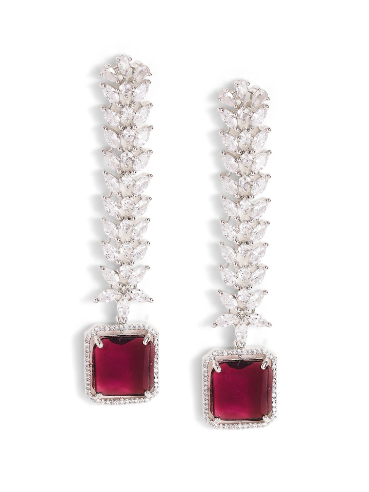 Wine Colored American Diamond Floral Silver Plated Drop Earrings