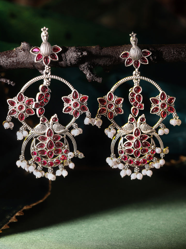 Ruby Stoned Floral Elegance Oxidized Silver Plated Drop Earrings