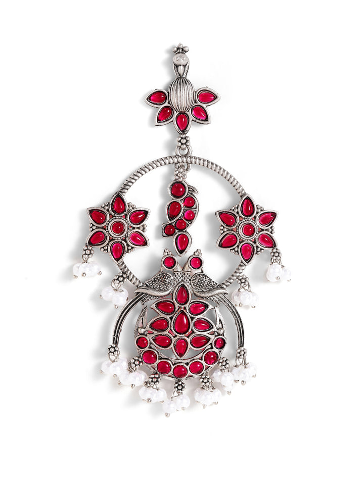 Ruby Stoned Floral Elegance Oxidized Silver Plated Drop Earrings