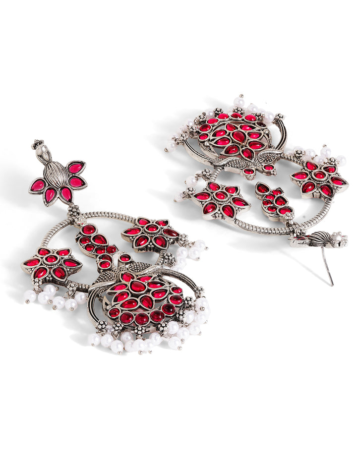 Ruby Stoned Floral Elegance Oxidized Silver Plated Drop Earrings