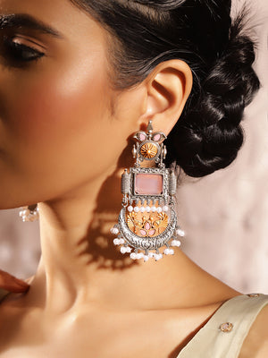 Pink Stoned Oxidized Style Chandbali elegance Drop Earrings