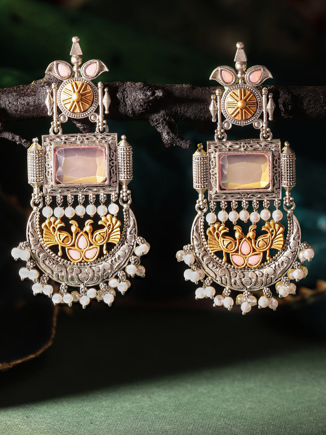 Pink Stoned Oxidized Style Chandbali elegance Drop Earrings