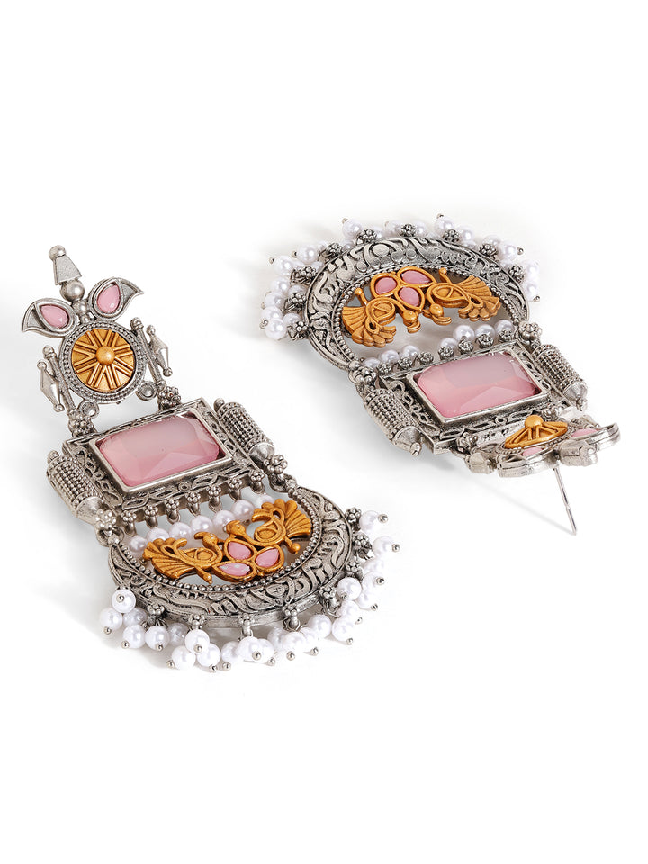 Pink Stoned Oxidized Style Chandbali elegance Drop Earrings