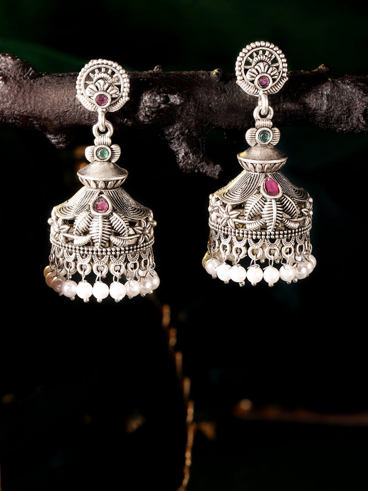 Floral Pattern Silver Plated Oxidized Jhumkis Earrings