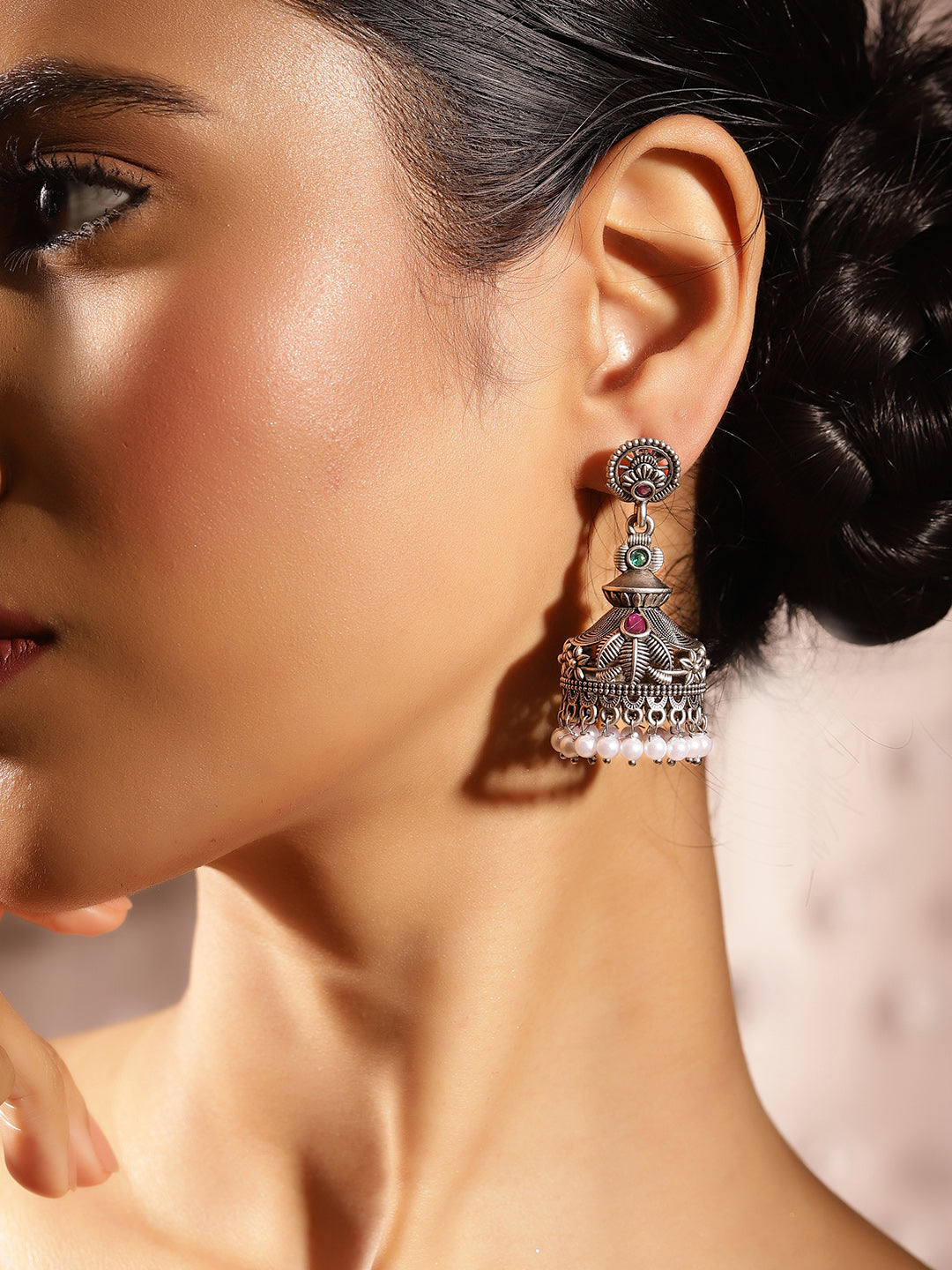 Floral Pattern Silver Plated Oxidized Jhumkis Earrings