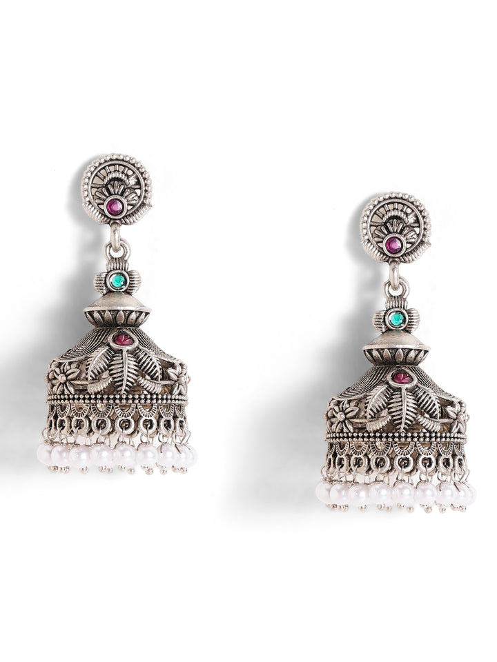 Floral Pattern Silver Plated Oxidized Jhumkis Earrings