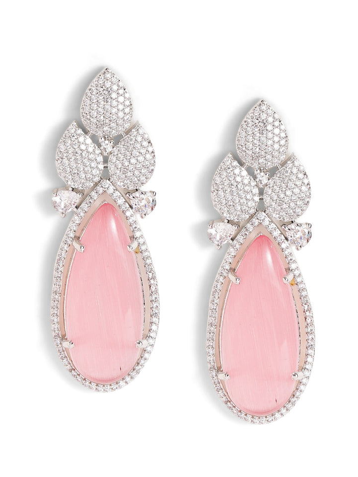 Pink Stoned American Diamond Silver Plated Floral Style Drop Earrings