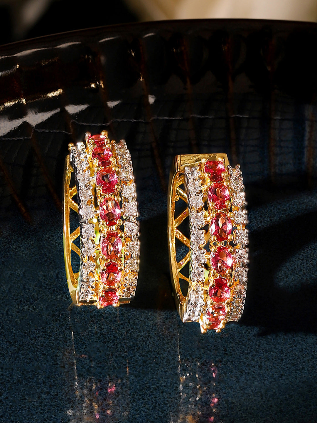 Red Stoned American Diamond Gold Plated Simple Hoops Earrings