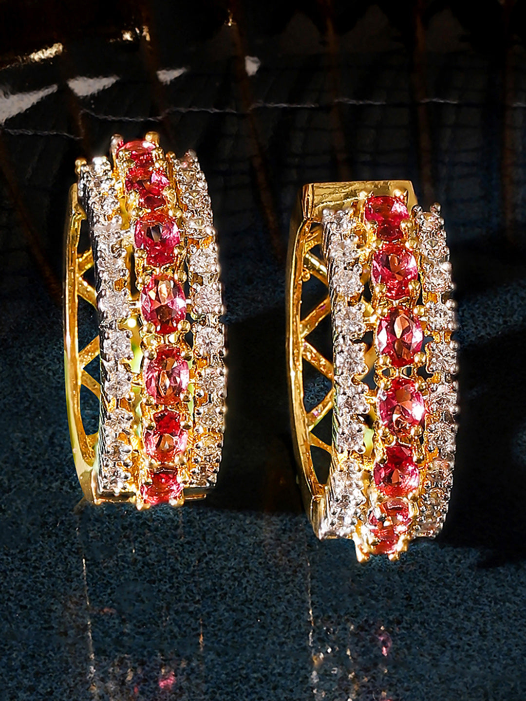 Red Stoned American Diamond Gold Plated Simple Hoops Earrings