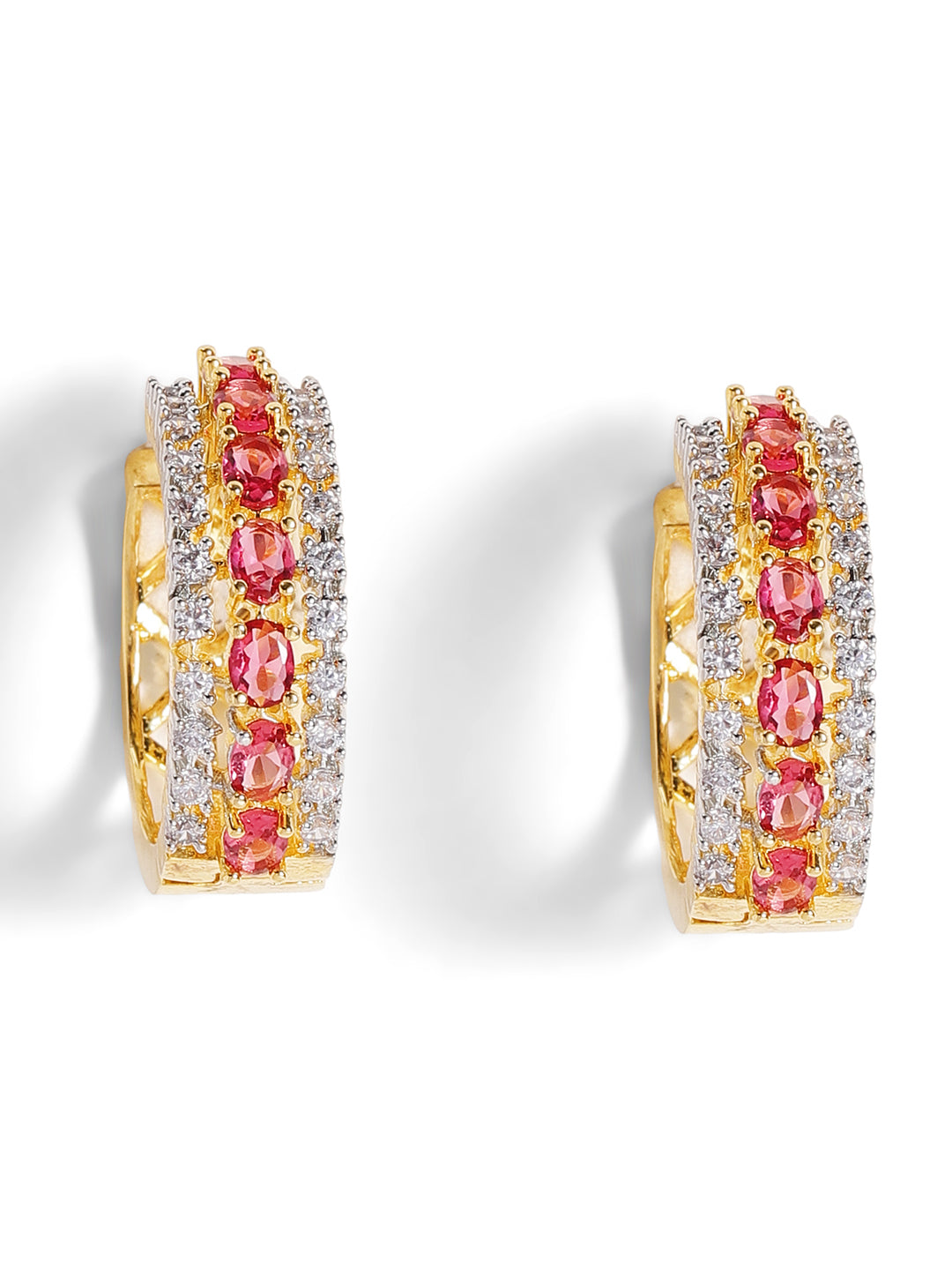 Red Stoned American Diamond Gold Plated Simple Hoops Earrings