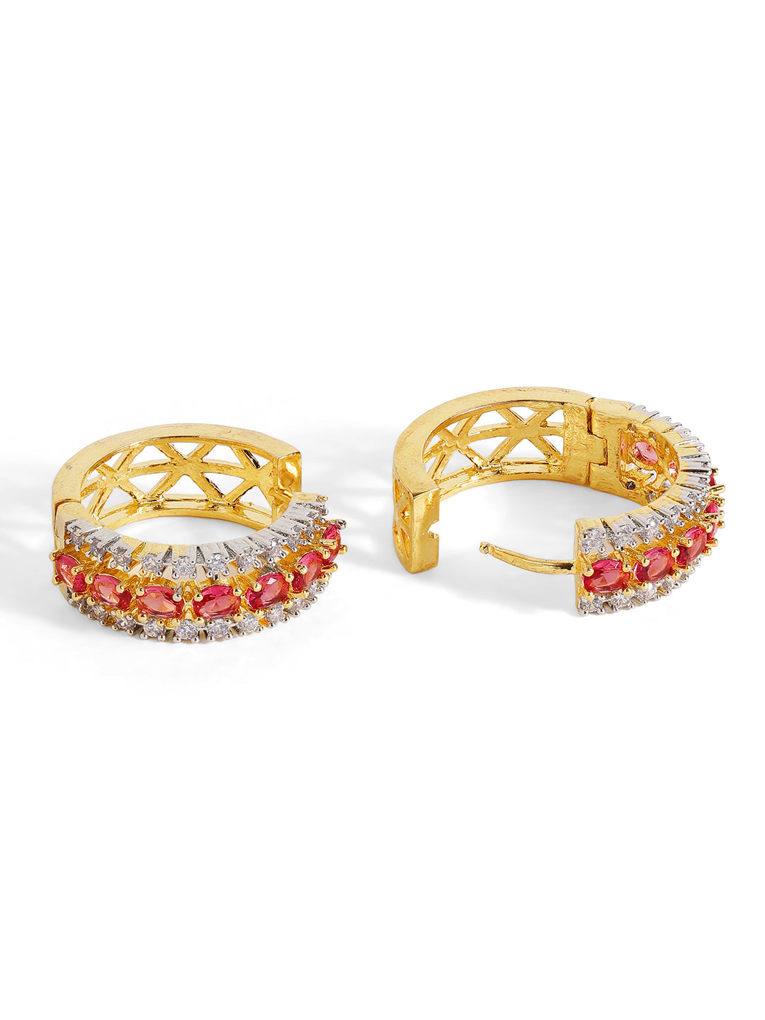 Red Stoned American Diamond Gold Plated Simple Hoops Earrings