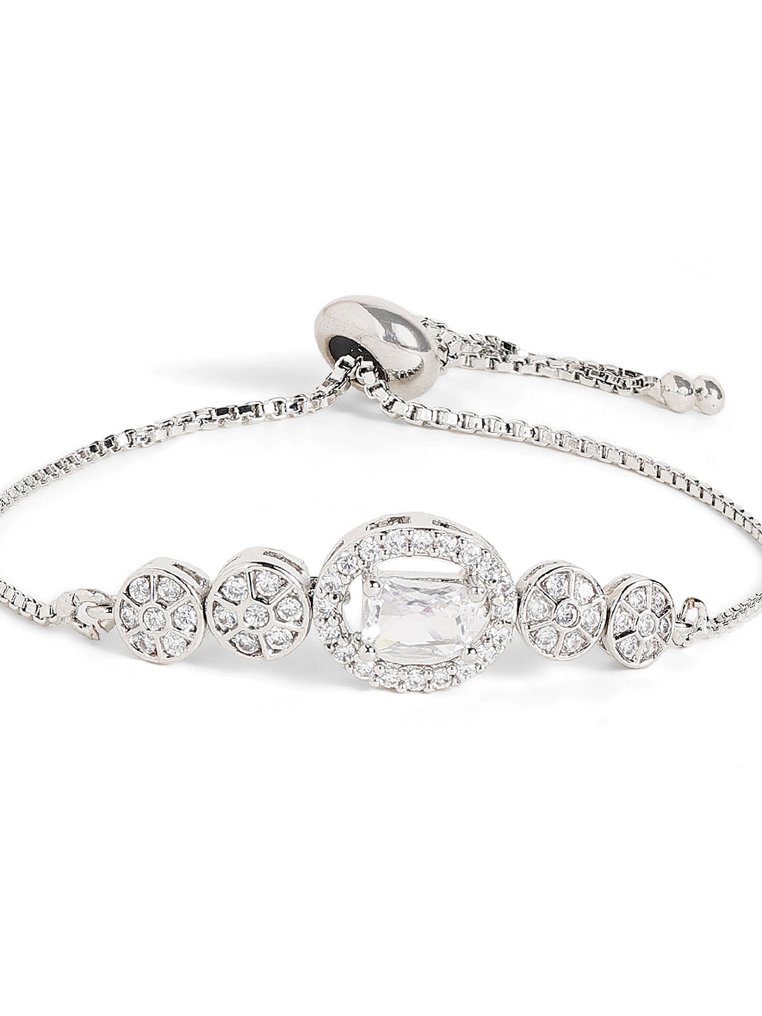 American Diamond Geometric Shaped Silver Plated Adjustable Bracelet