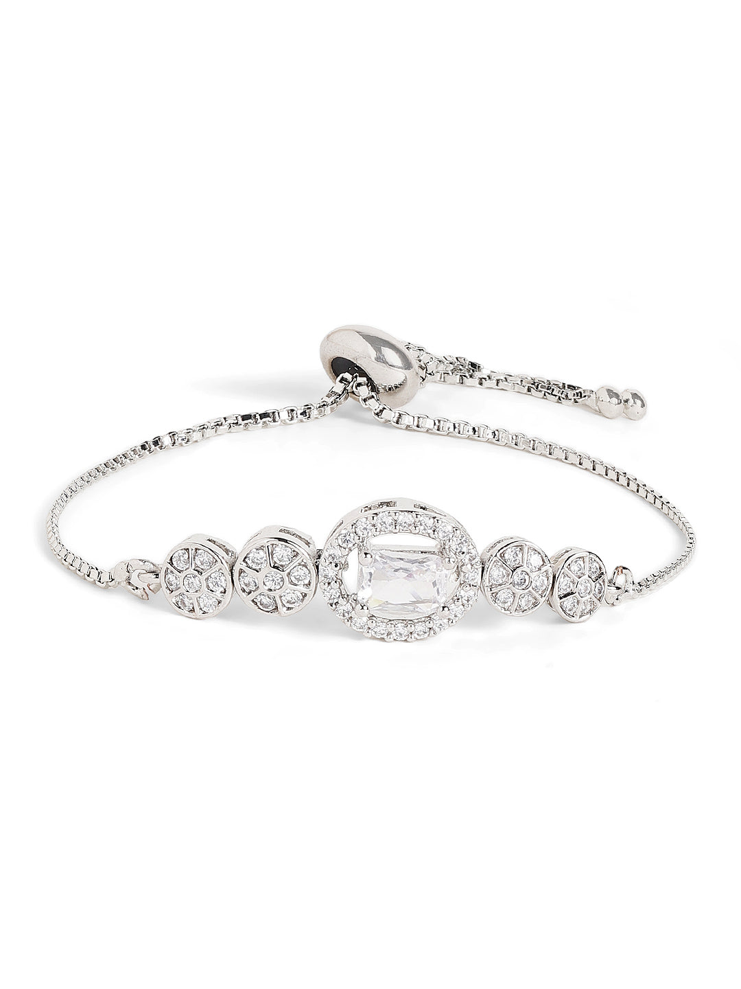 American Diamond Geometric Shaped Silver Plated Adjustable Bracelet