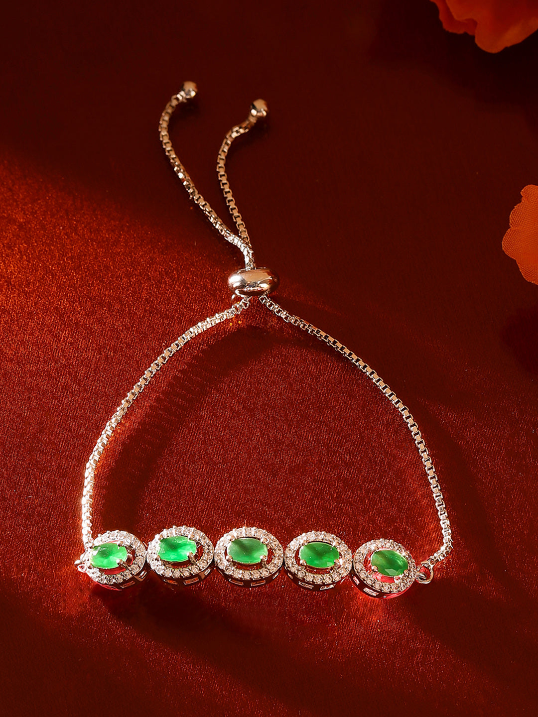 Green Stoned Oval Style American Diamond Silver Plated Bracelet