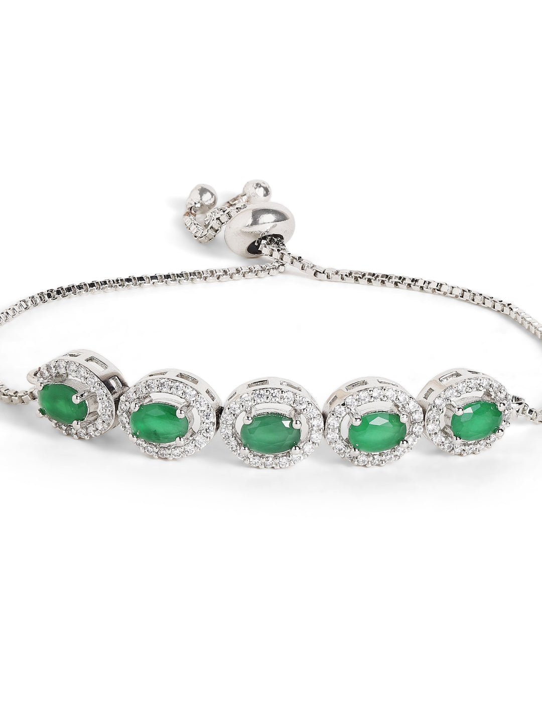 Green Stoned Oval Style American Diamond Silver Plated Bracelet