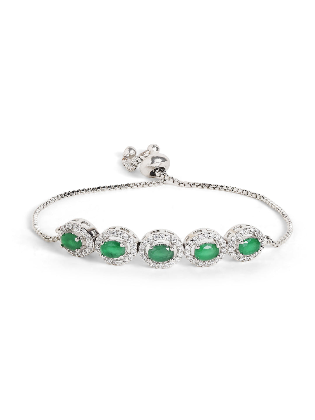 Green Stoned Oval Style American Diamond Silver Plated Bracelet