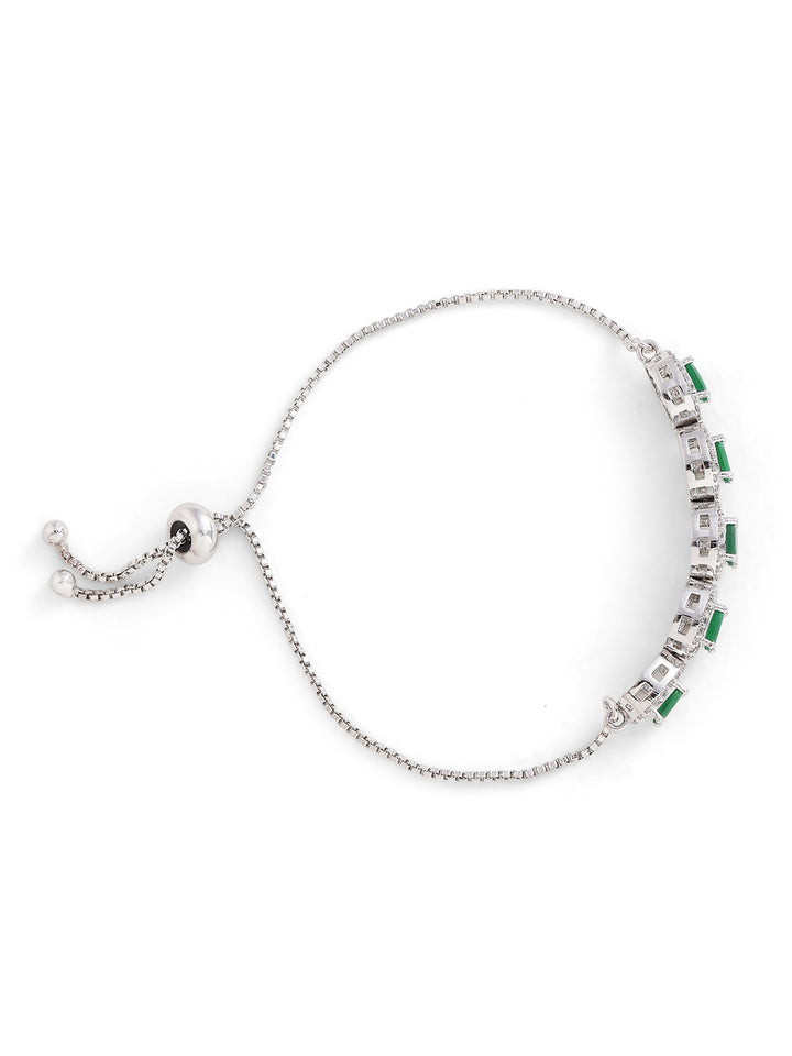 Green Stoned Oval Style American Diamond Silver Plated Bracelet