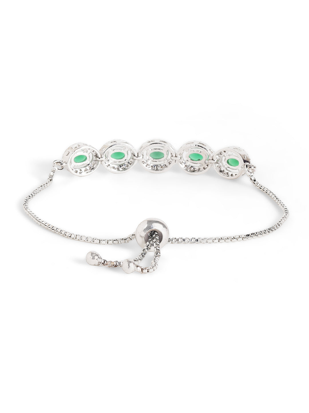 Green Stoned Oval Style American Diamond Silver Plated Bracelet