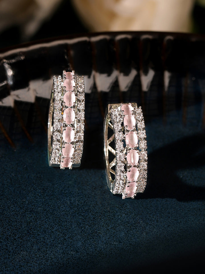 Pink Stoned American Diamond Hoops Silver Plated Pattern Earrings