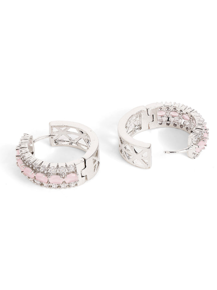 Pink Stoned American Diamond Hoops Silver Plated Pattern Earrings