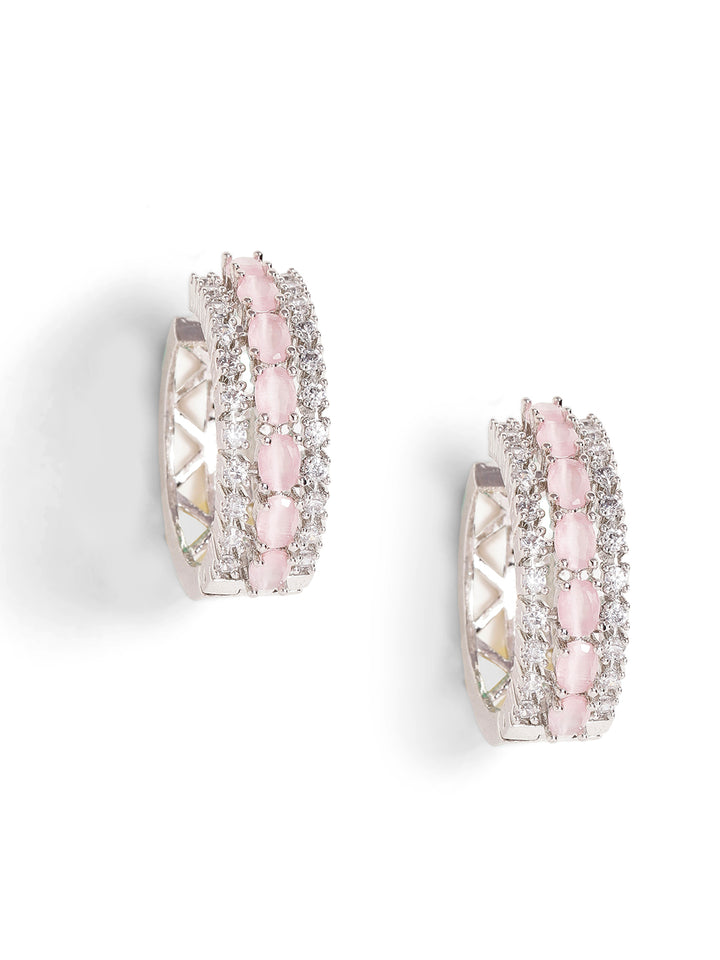 Pink Stoned American Diamond Hoops Silver Plated Pattern Earrings