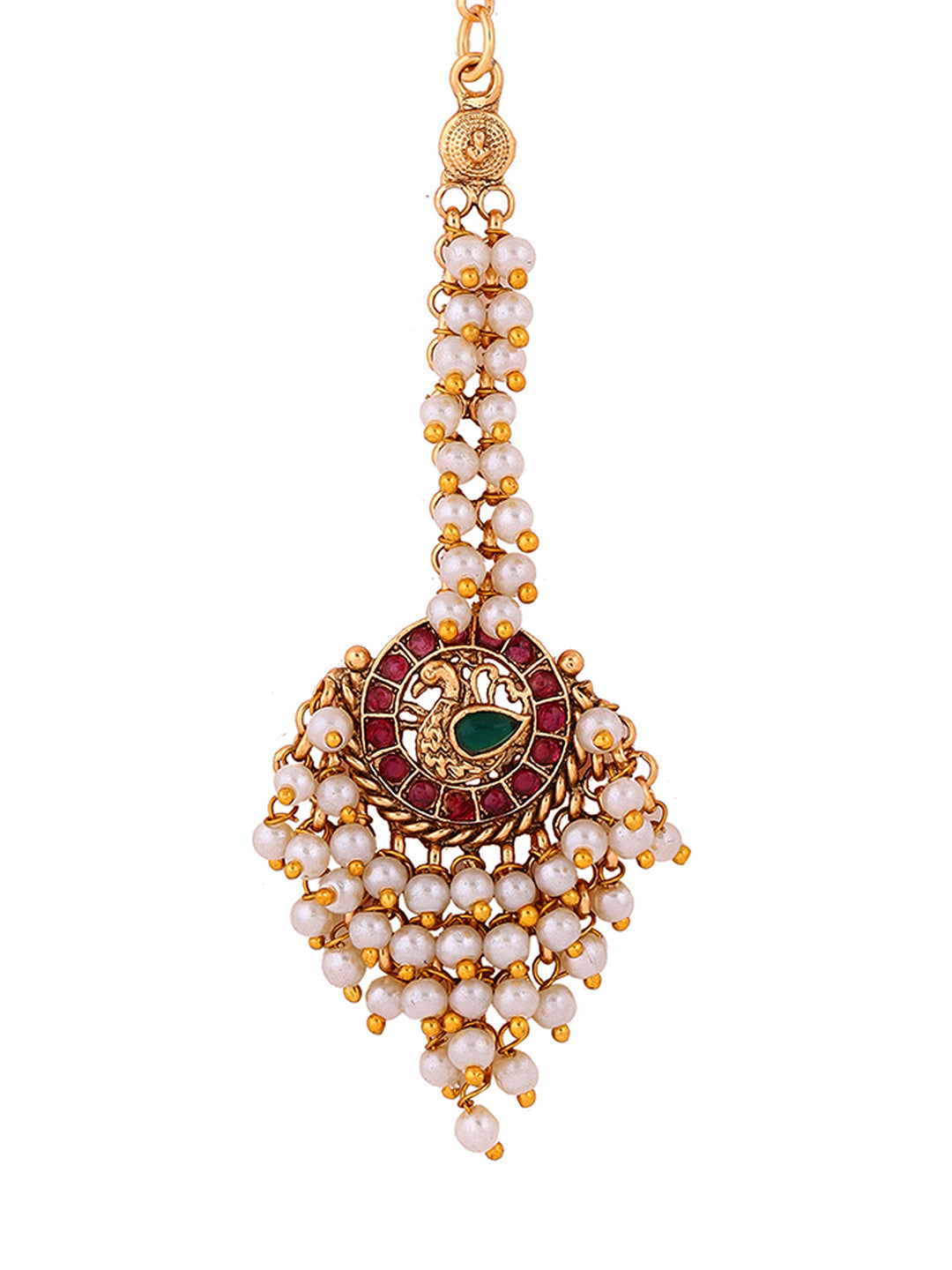 Peacock Style Mini Elegance Gold Plated Ruby Green Stoned Maangtika