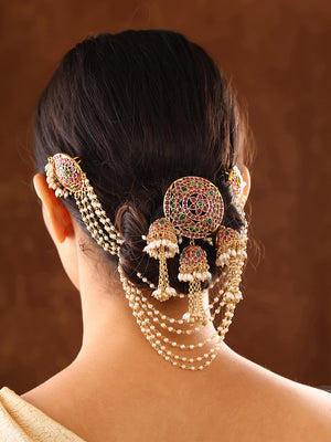 Temple Pattern Pearl Pattern Ruby Green Stoned Gold Plated Hair Accessories