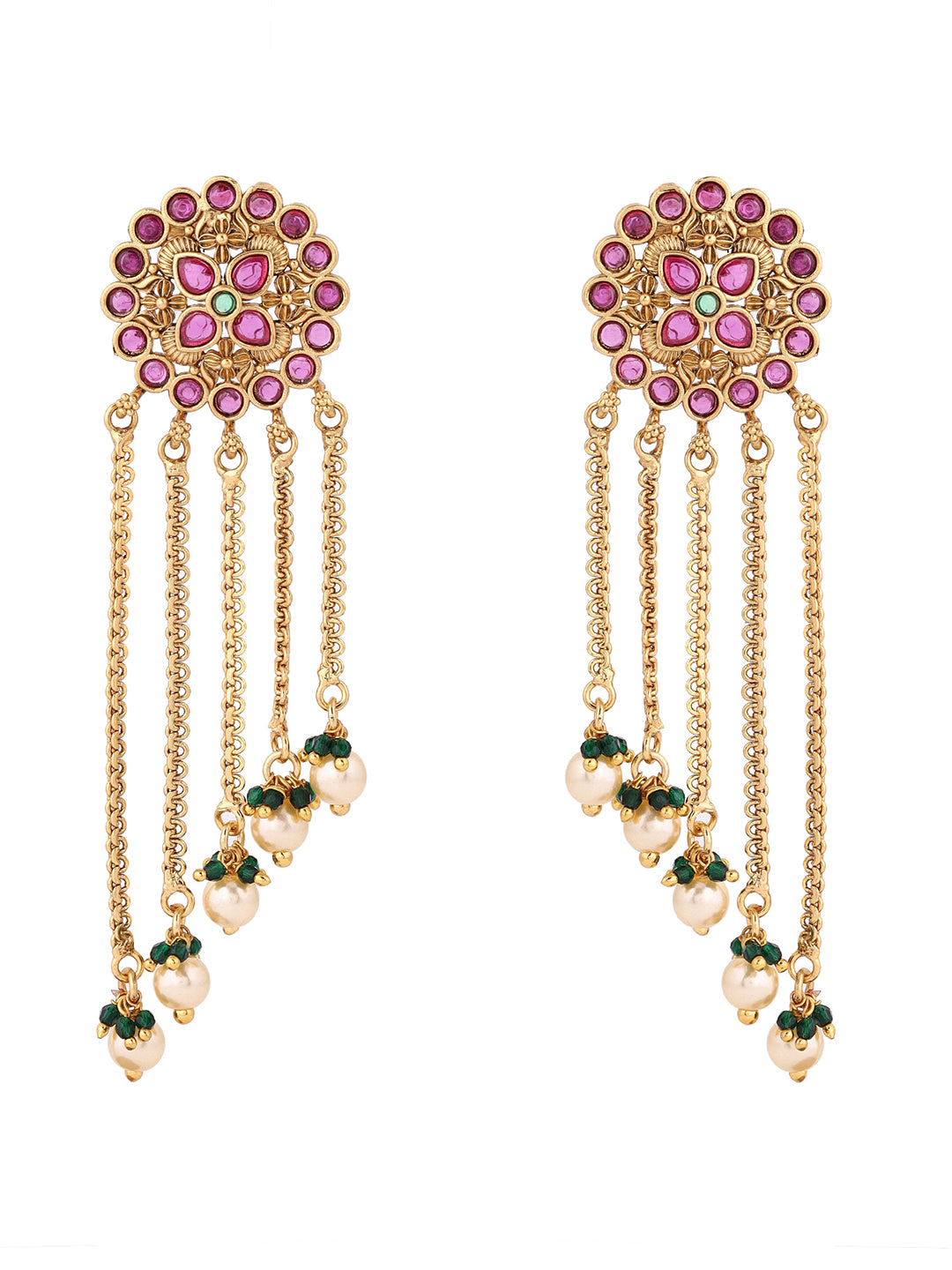 Ruby Stoned Floral Pattern Tassels Gold Plated Drop Earrings