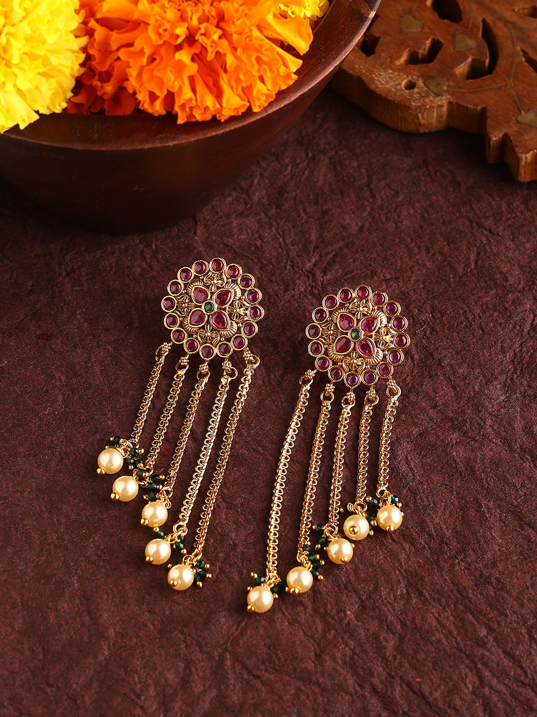 Ruby Stoned Floral Pattern Tassels Gold Plated Drop Earrings