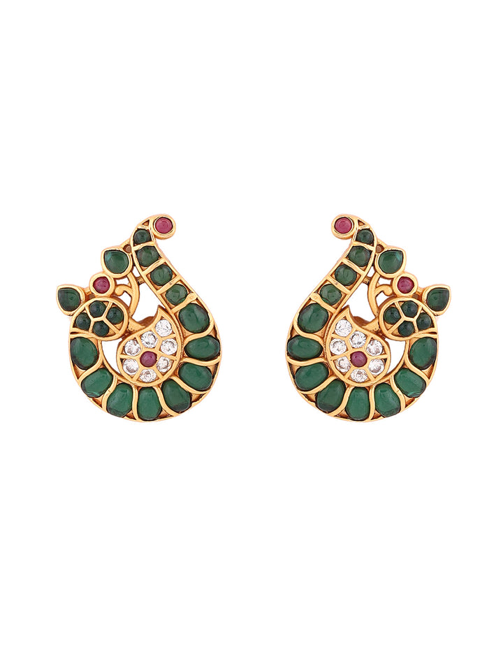 Green Stoned Peacock Design Gold Plated Stud Earrings