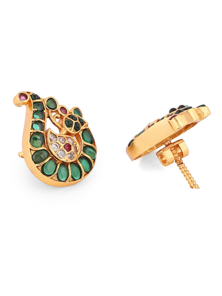 Green Stoned Peacock Design Gold Plated Stud Earrings