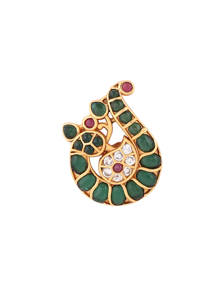 Green Stoned Peacock Design Gold Plated Stud Earrings