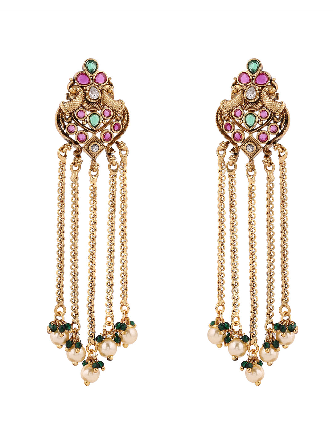 Peacock Elegance Ruby Green Stoned Gold Plated Tassels Drop Earrings