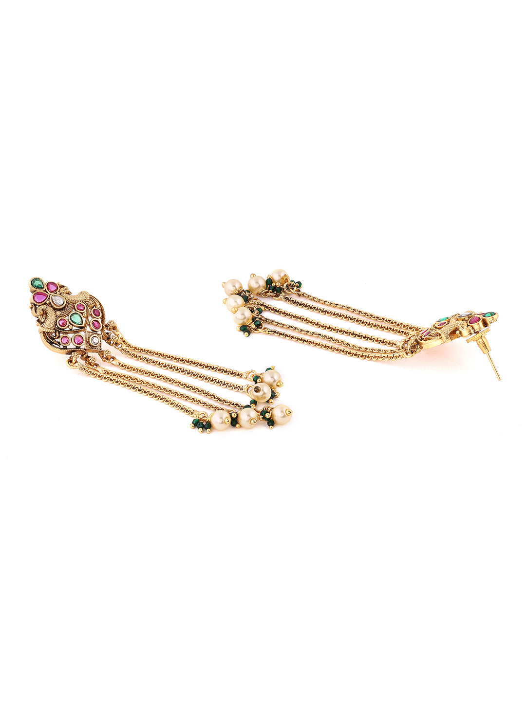 Peacock Elegance Ruby Green Stoned Gold Plated Tassels Drop Earrings